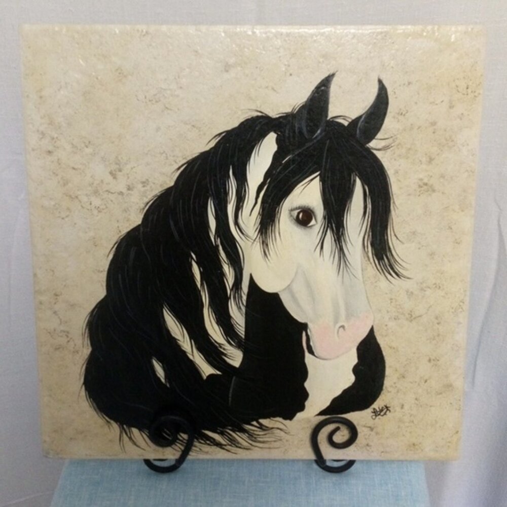 Hand Crafted Painted Horse Ceramic Tile Black & White Paint Acrylic Wall Art